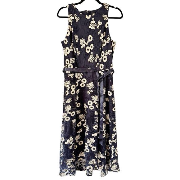 NWT Tahari Navy Blue Floral Embroidered Tea Length High Low Dress Size 8 - Picture 4 of 10